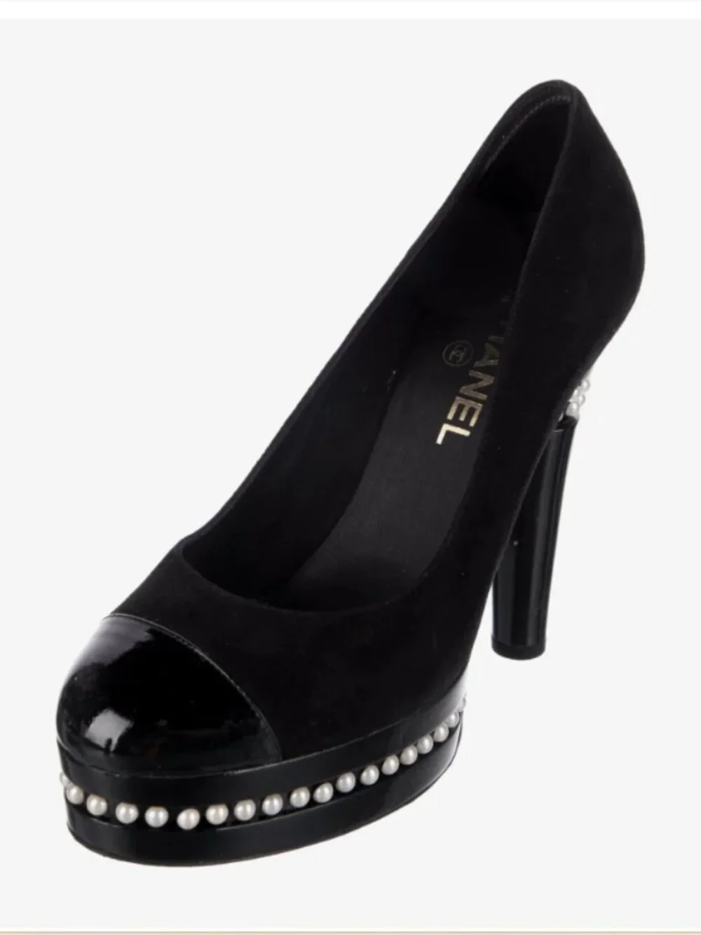 Chanel Pearl Platform Pumps Heels Cap Toe Black Suede Size 39 US 9